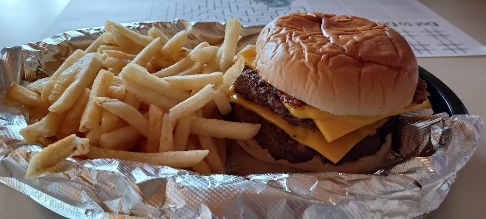 Double Cheeseburger with Chili Mustard and Ketchup and Side of Fries